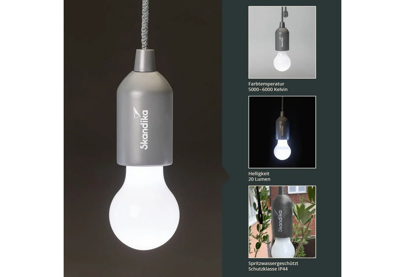 Skandika LED Campinglampe Narvik 4er-Set Grau Zugschalter - Bild 4