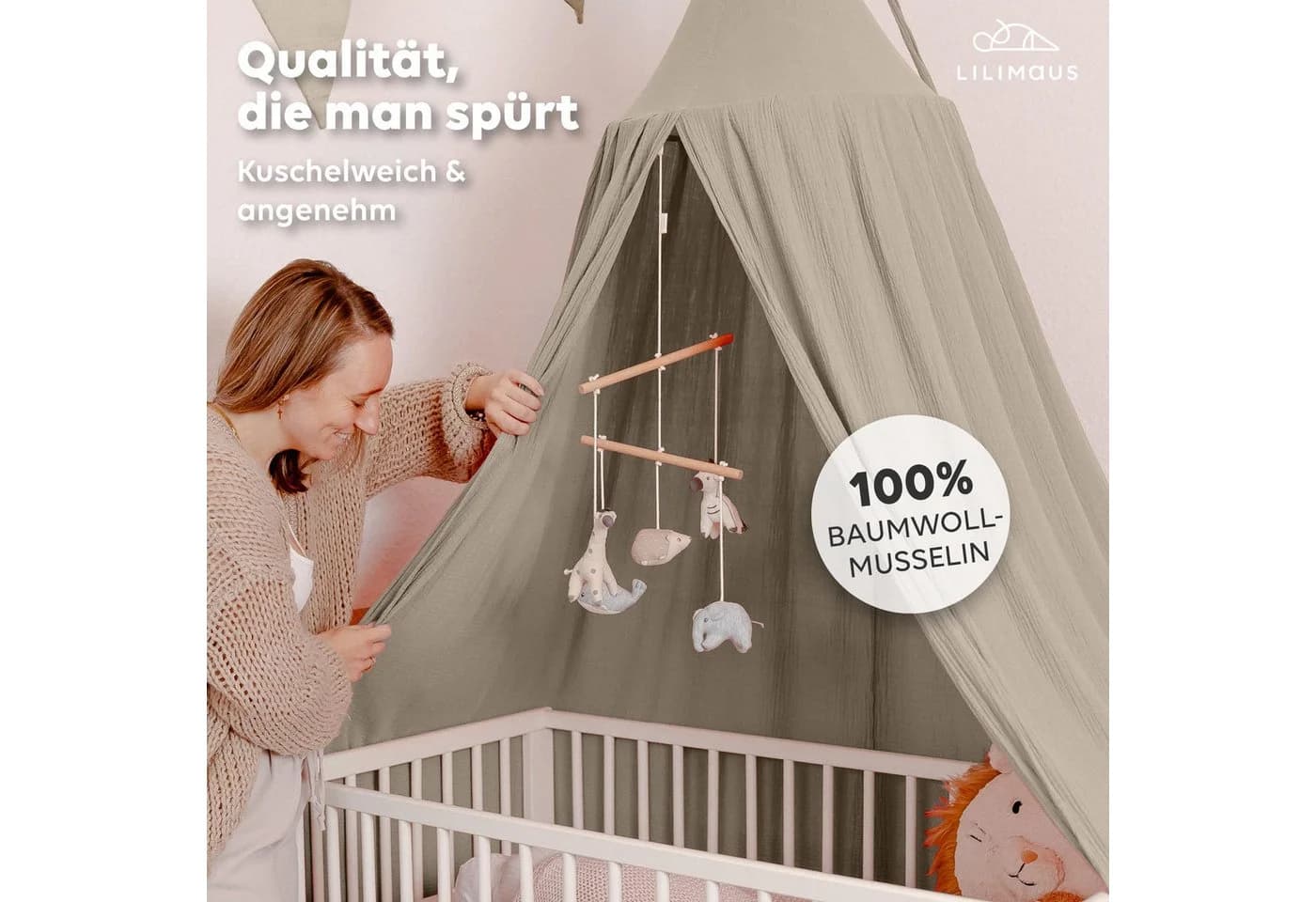 lilimaus Betthimmel Baldachin Kinderzimmer 100% Musselin Baumwolle Hellbeige