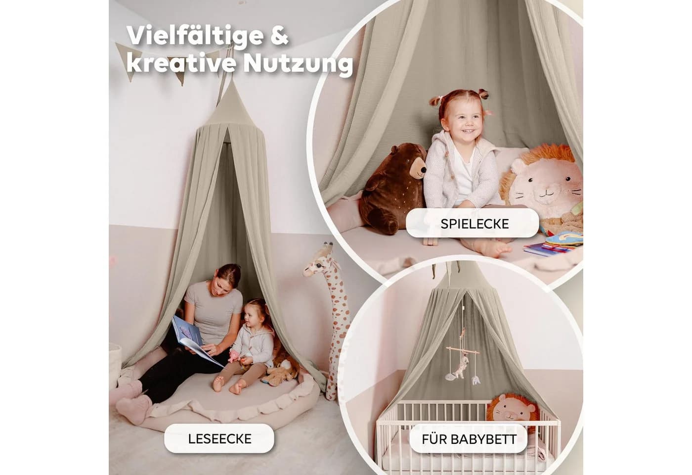lilimaus Betthimmel Baldachin Kinderzimmer 100% Musselin Baumwolle Hellbeige - Bild 3