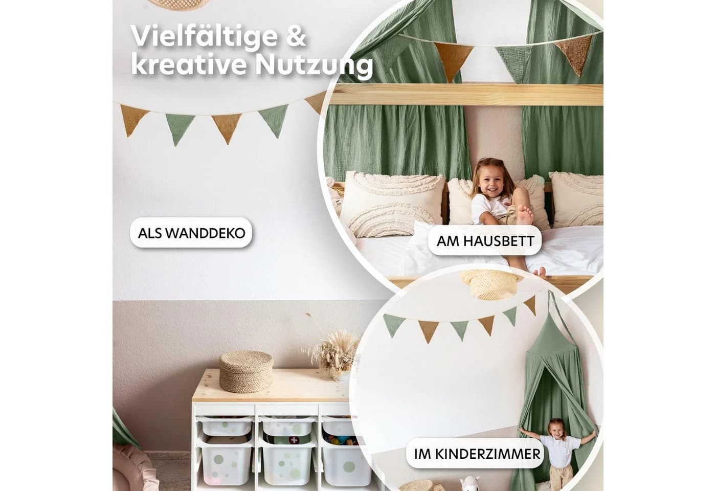 Handgemachte Wimpelkette aus Musselin und Baumwolle