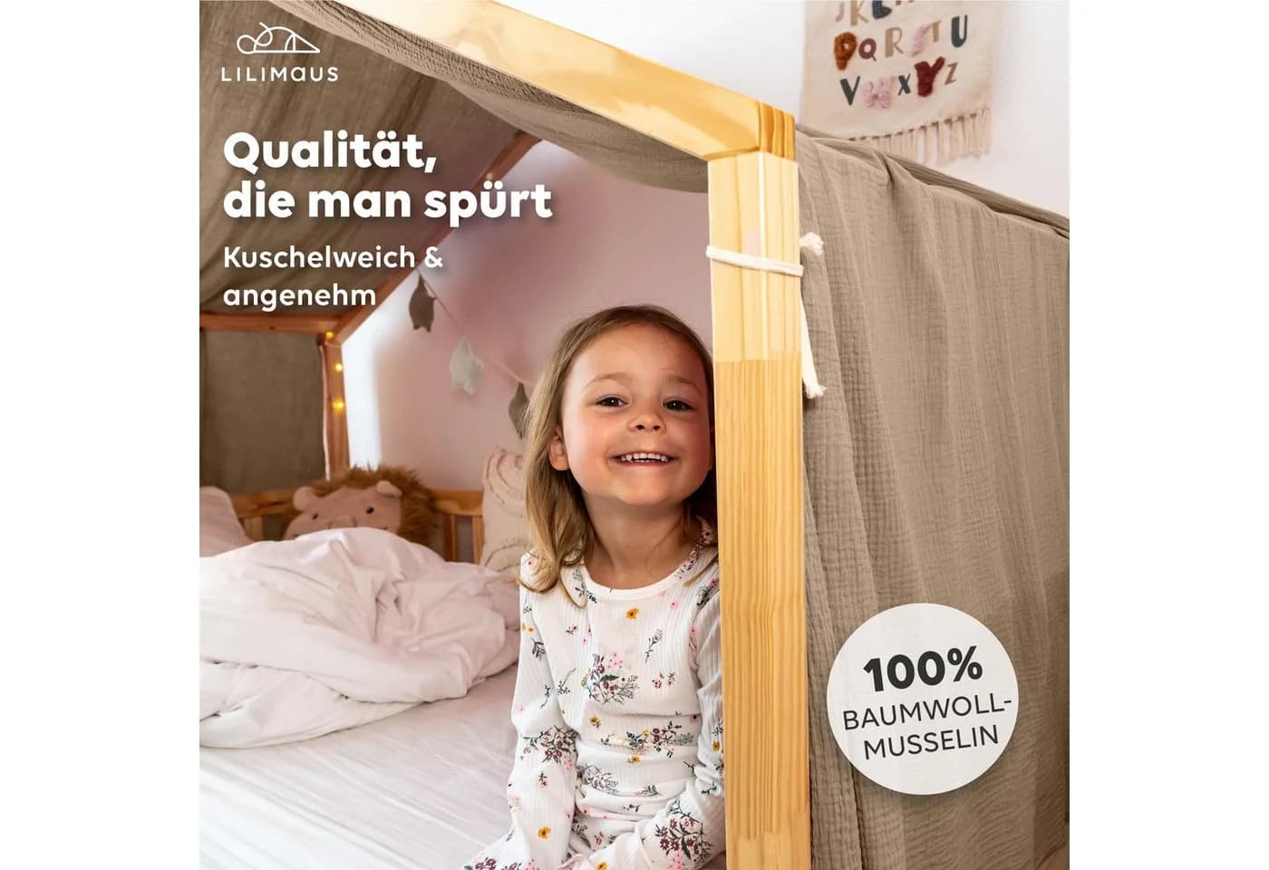 lilimaus Betthimmel Hausbett Musselin Beige Kinderzimmerdeko