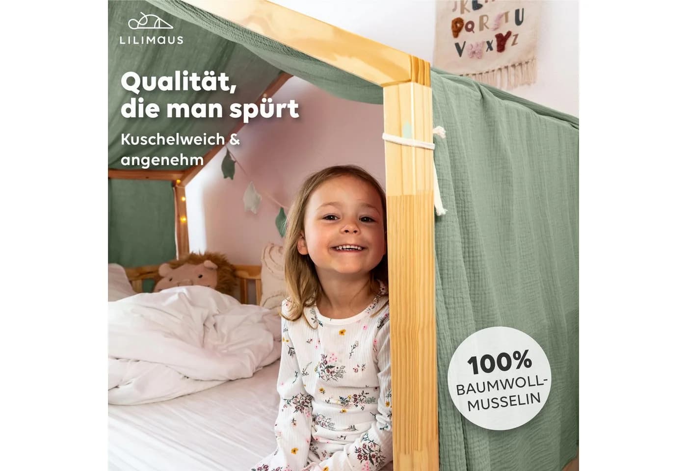lilimaus Betthimmel Hausbett Musselin Grün Kinderzimmer Deko