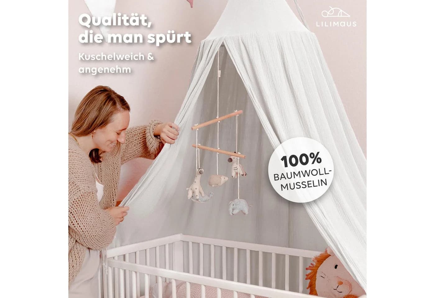 lilimaus Betthimmel Baldachin Kinderzimmer 100% Musselin Weiß Handgenäht
