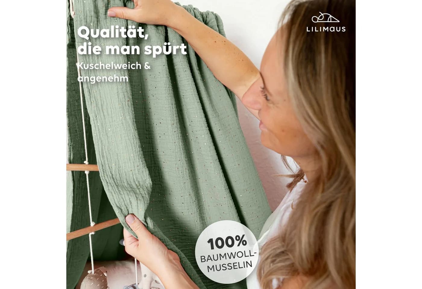 lilimaus Betthimmel Babybett Gold-Edition Musselin Baumwolle Grün