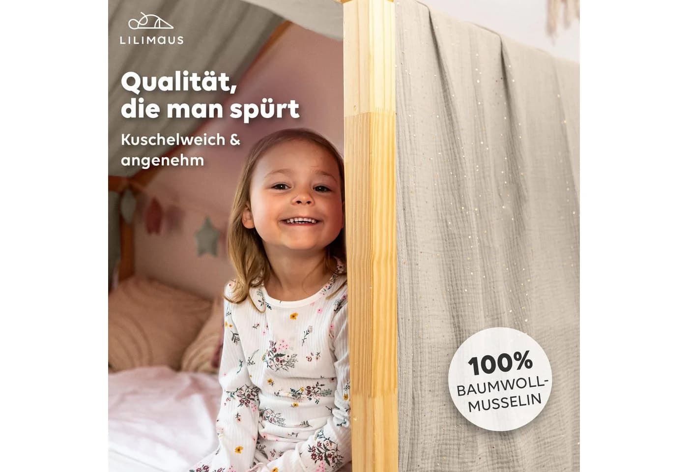 lilimaus Betthimmel Musselin Hausbett Himmel Kinderzimmer Baumwolle mit Gold