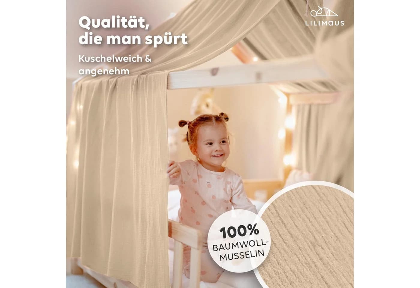 lilimaus Betthimmel Hausbett 2er Set Baumwolle Musselin Beige