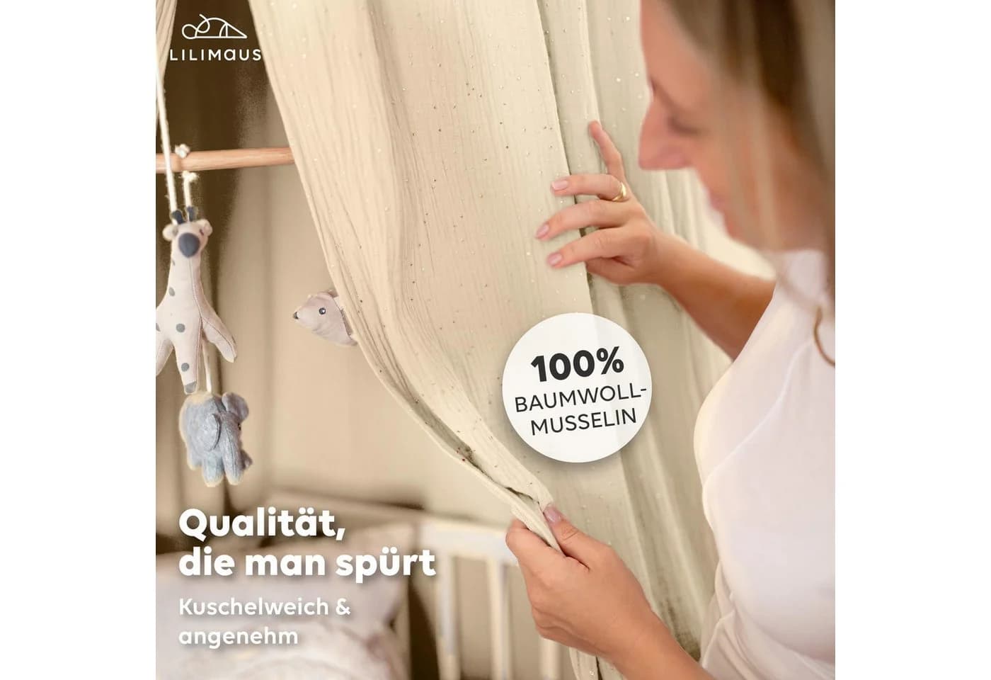 lilimaus Betthimmel Kinderzimmer 100% Baumwolle Creme Gold Applikation