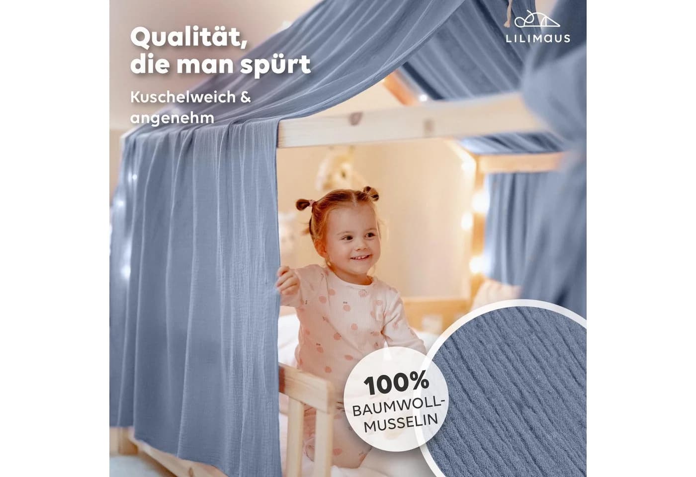 lilimaus Betthimmel Hausbett 2er Set Baumwolle Musselin Blau