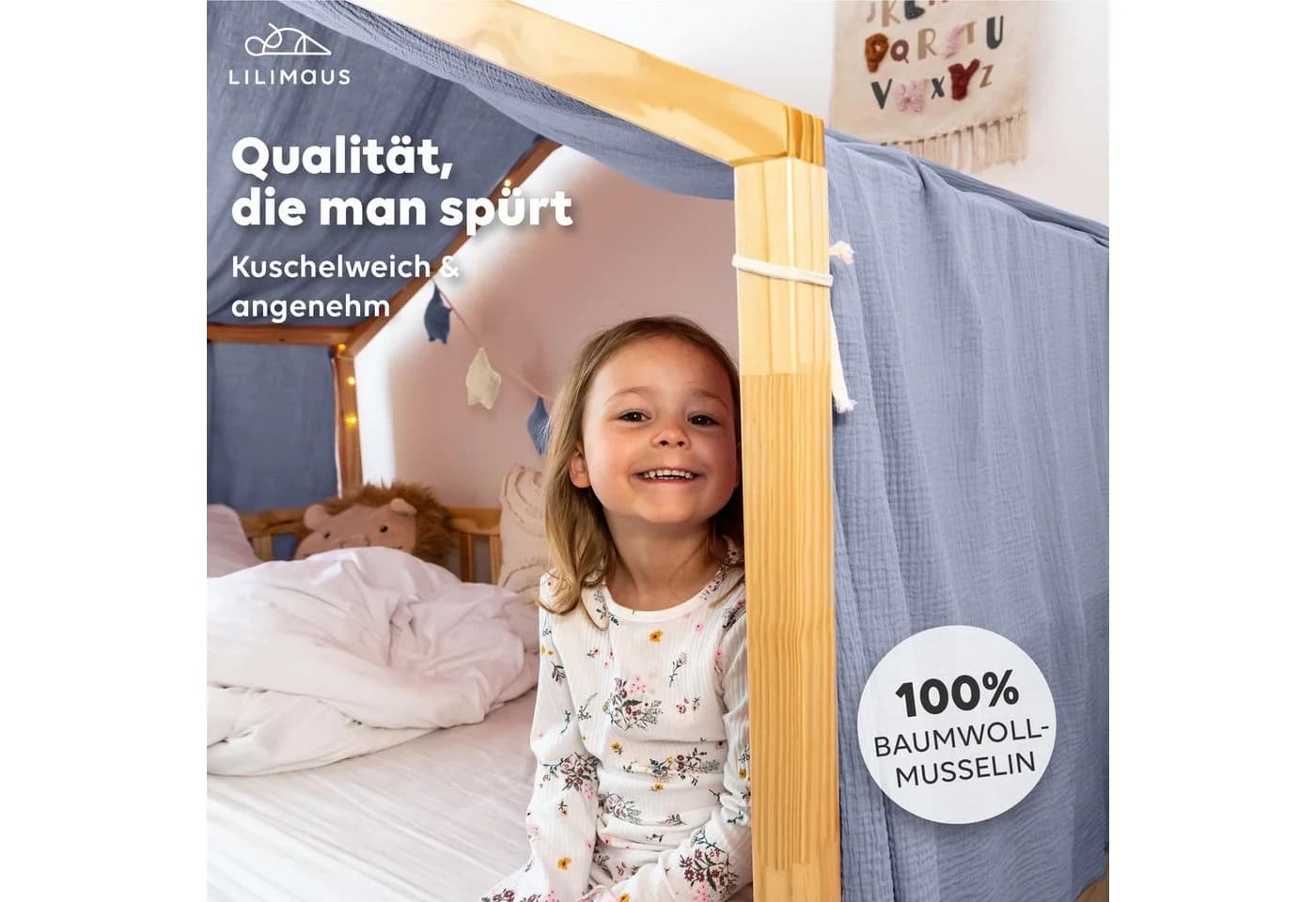 lilimaus Betthimmel Single Hausbett 100% Musselin-Baumwolle Blau
