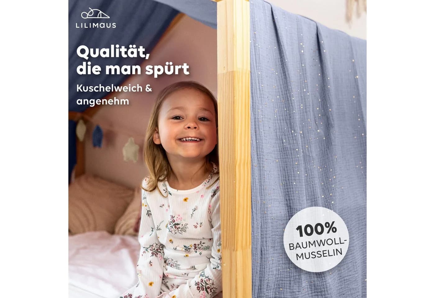 lilimaus Betthimmel Musselin Hausbett Himmel Kinderzimmer Baumwolle mit Gold