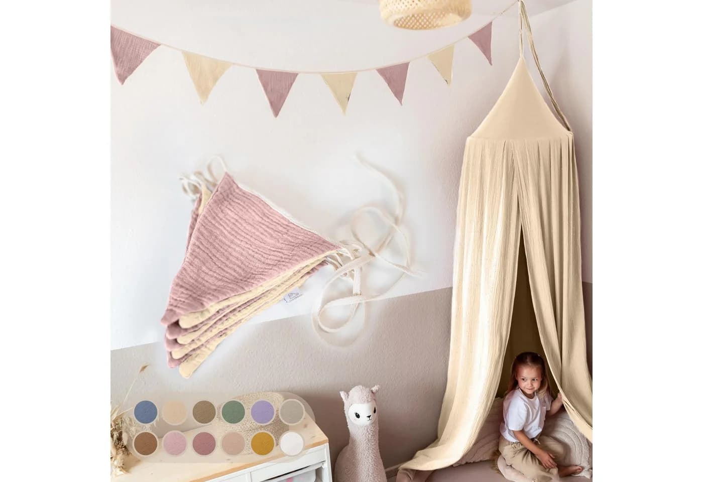 lilimaus Wimpelkette Handgemacht Musselin Baumwolle Rosa Creme Kinderzimmer - Bild 2