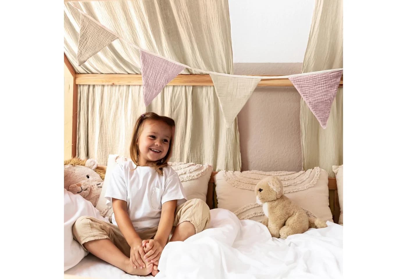 lilimaus Wimpelkette Handgemacht Musselin Baumwolle Rosa Creme Kinderzimmer - Bild 5