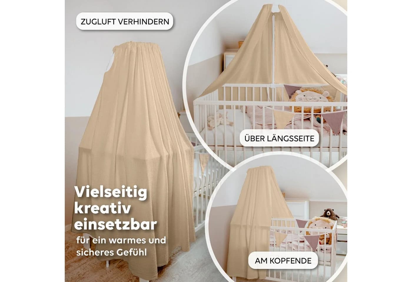 lilimaus Betthimmel Babybett aus 100% Musselin Beige mit Himmelstange - Bild 3