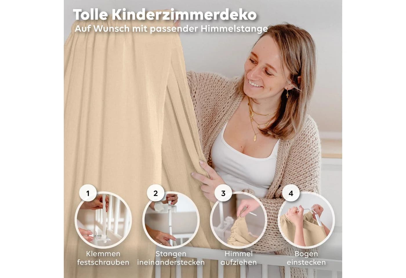 lilimaus Betthimmel Babybett aus 100% Musselin Beige mit Himmelstange - Bild 4