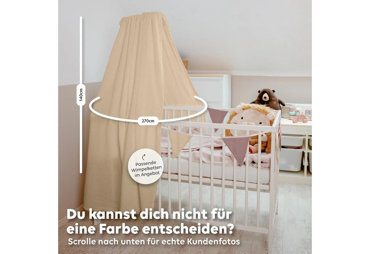 lilimaus Betthimmel Babybett aus 100% Musselin Beige mit Himmelstange - Bild 5