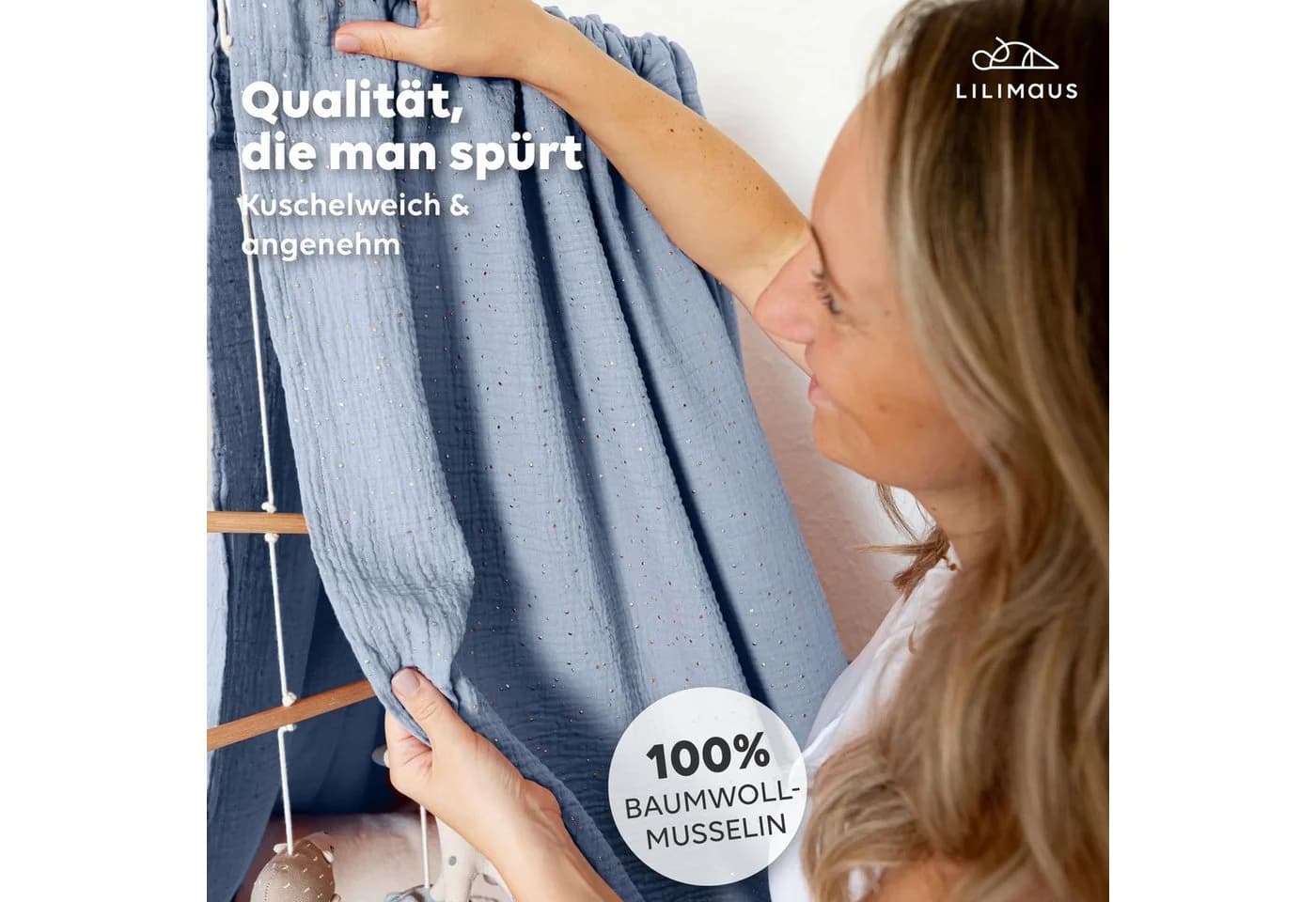 lilimaus Betthimmel Babybett Gold Musselin handgenäht