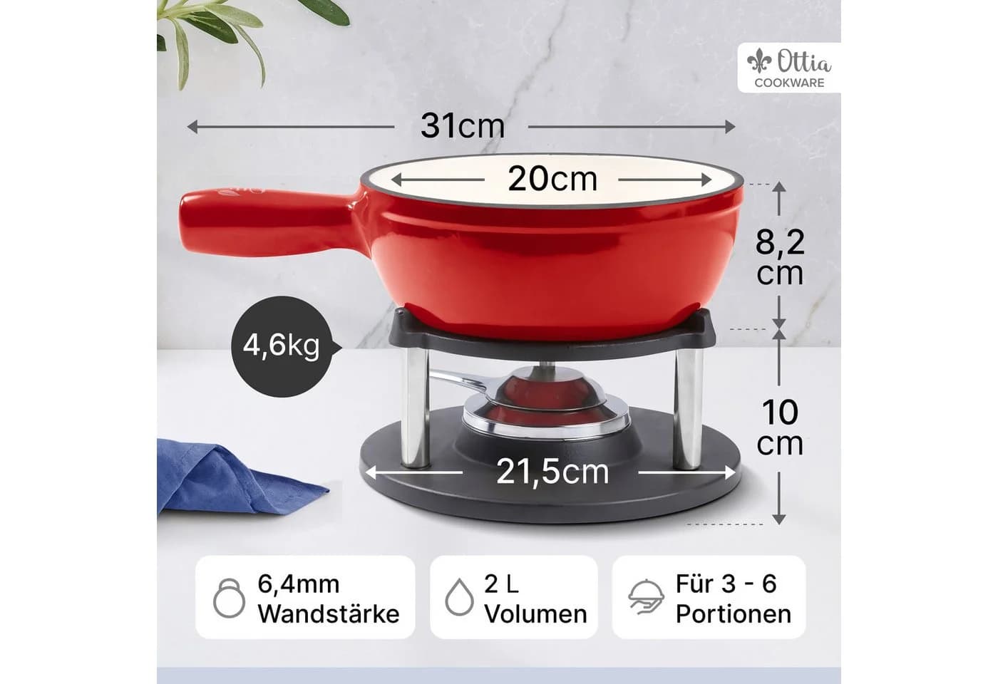 Ottia Gusseisen Fondue Set 10-tlg. für 2-6 Personen mit Rechaud