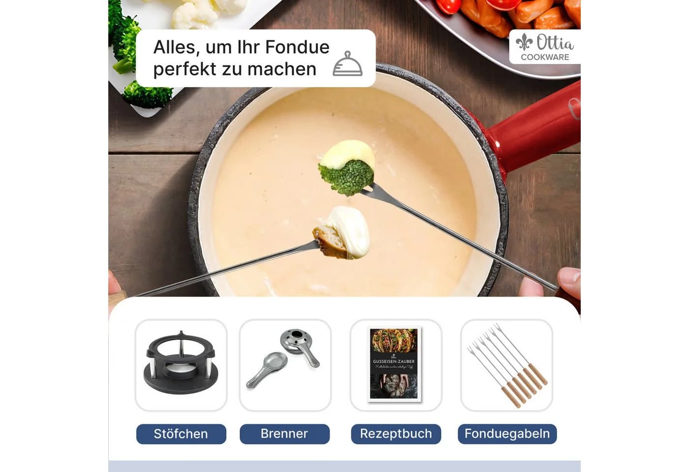 Ottia Gusseisen Fondue Set 10-tlg. für 2-6 Personen mit Rechaud - Bild 3