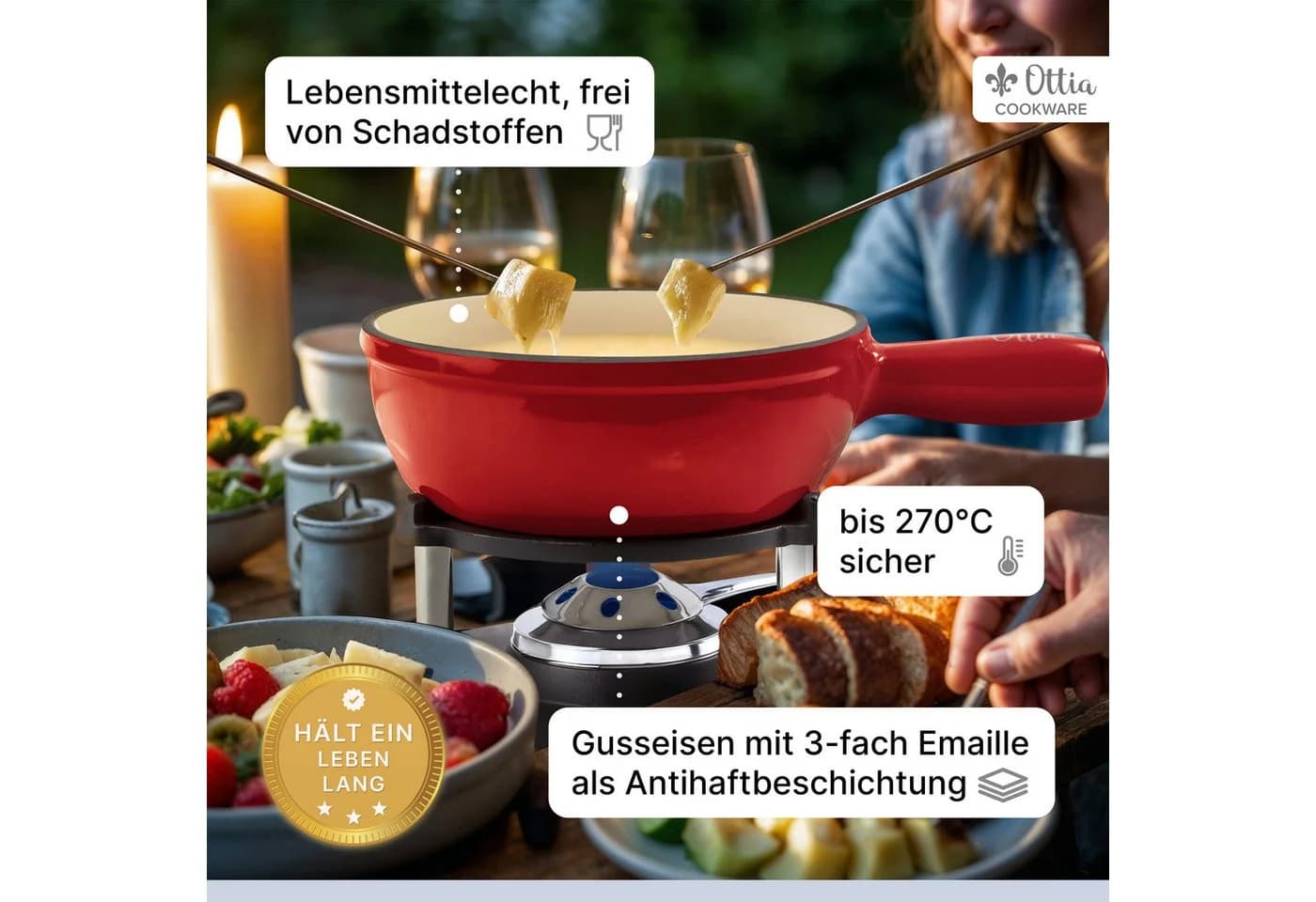 Ottia Gusseisen Fondue Set 10-tlg. für 2-6 Personen mit Rechaud - Bild 4