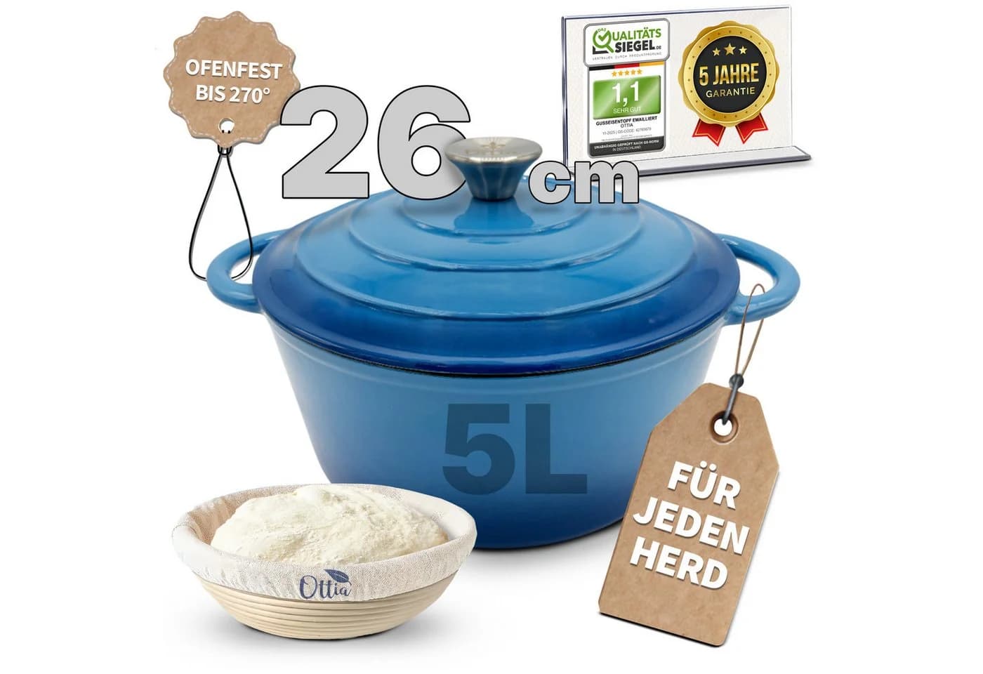 Ottia Schmortopf Gusseisen 26cm 5L Emaille Blau - Bild 2
