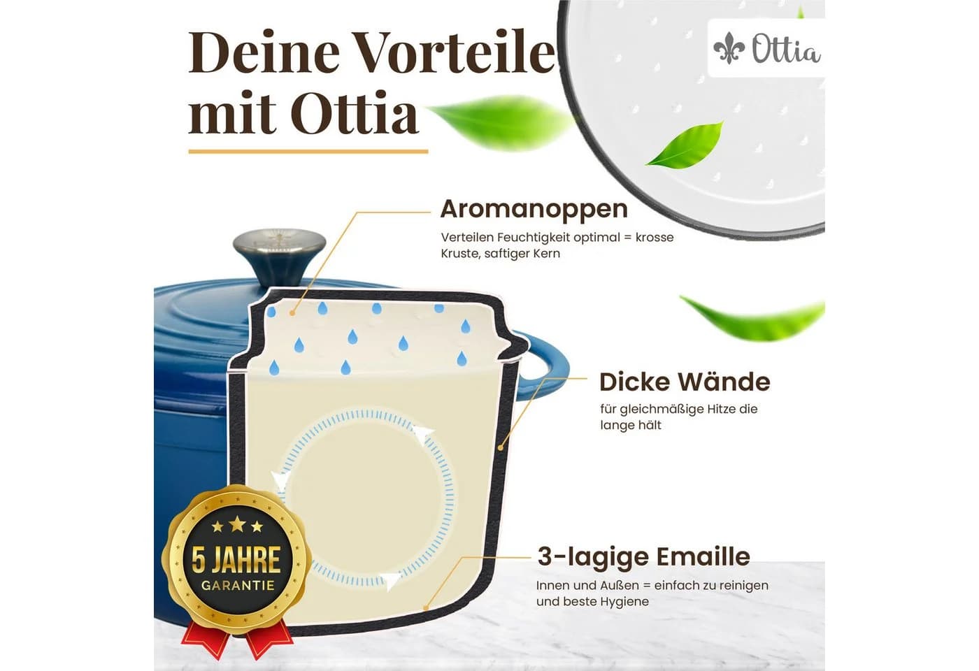 Ottia Schmortopf Gusseisen 26cm 5L mit 3-fach Emaille