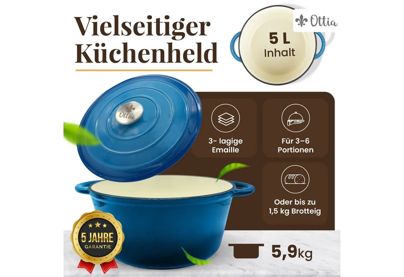 Ottia Schmortopf Gusseisen 26cm 5L mit 3-fach Emaille - Bild 3