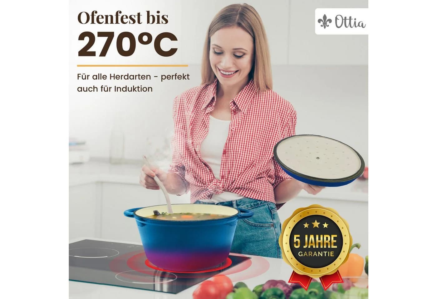 Ottia Schmortopf Gusseisen 26cm 5L mit 3-fach Emaille - Bild 4