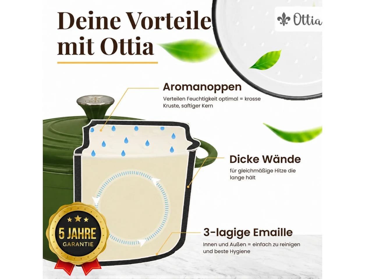 Ottia Schmortopf Gusseisen 26cm 5L mit Emaille