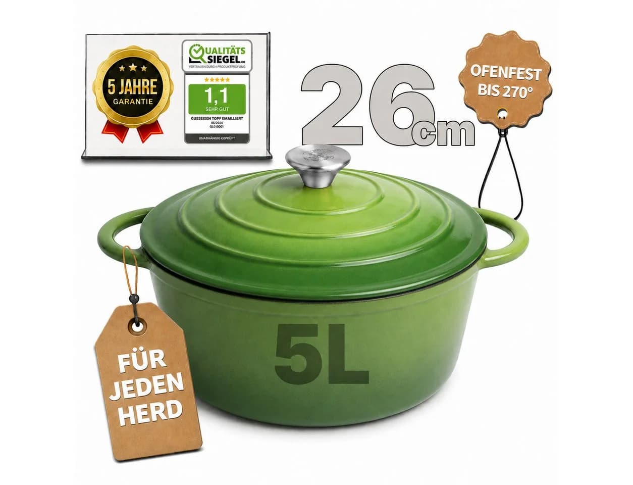 Ottia Schmortopf Gusseisen 26cm 5L mit Emaille - Bild 2
