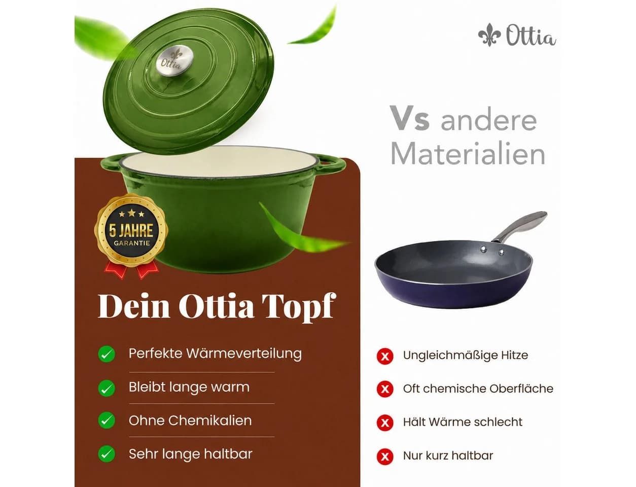 Ottia Schmortopf Gusseisen 26cm 5L mit Emaille - Bild 5