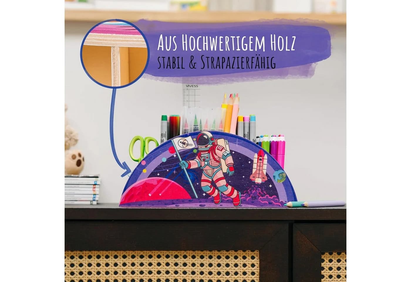 Wagoma Stiftehalter Kinder 5 Fächer Robust Holz - Bild 3