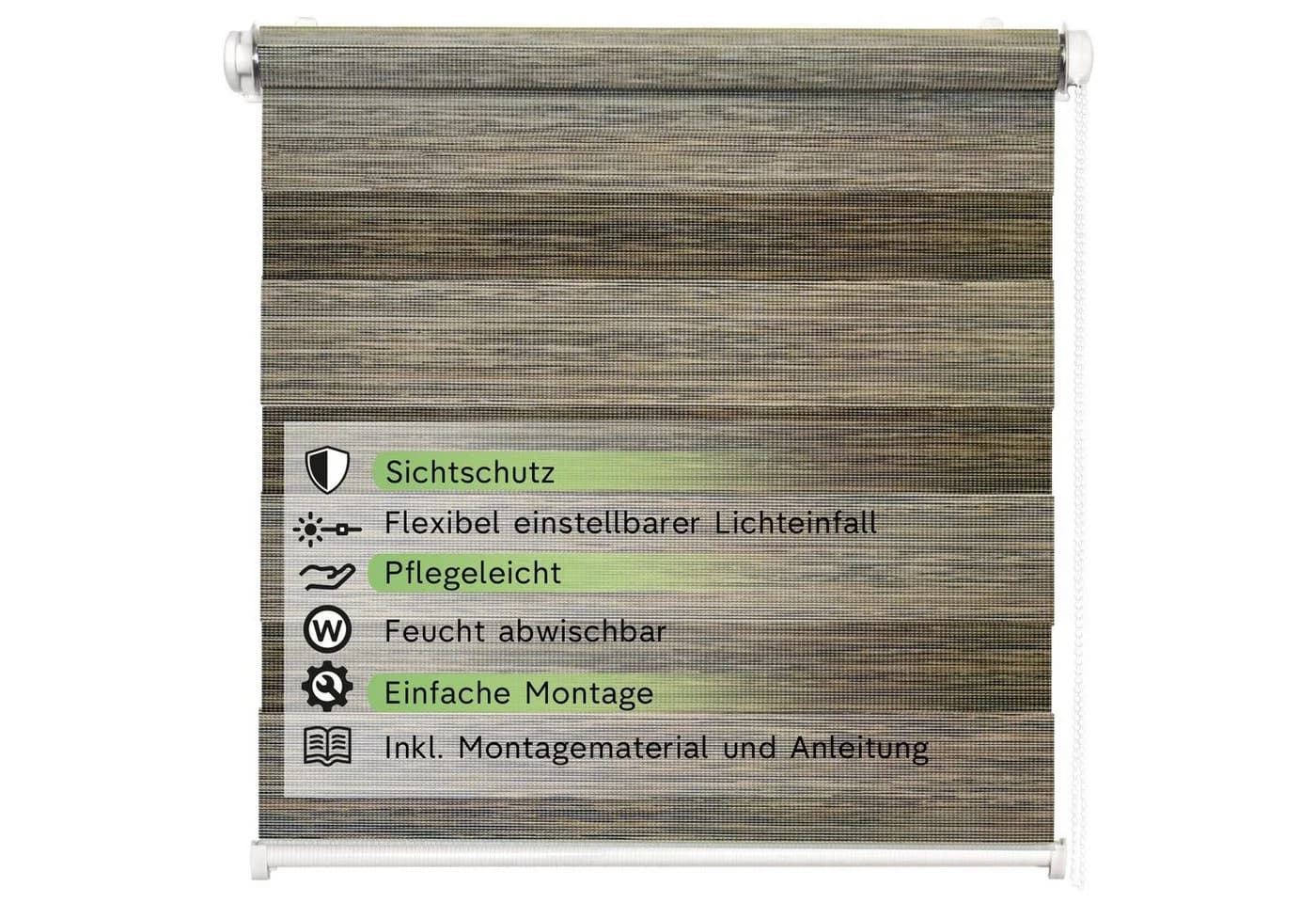 Rikmani Doppelrollo Klemmfix Braun Grau - Bild 3