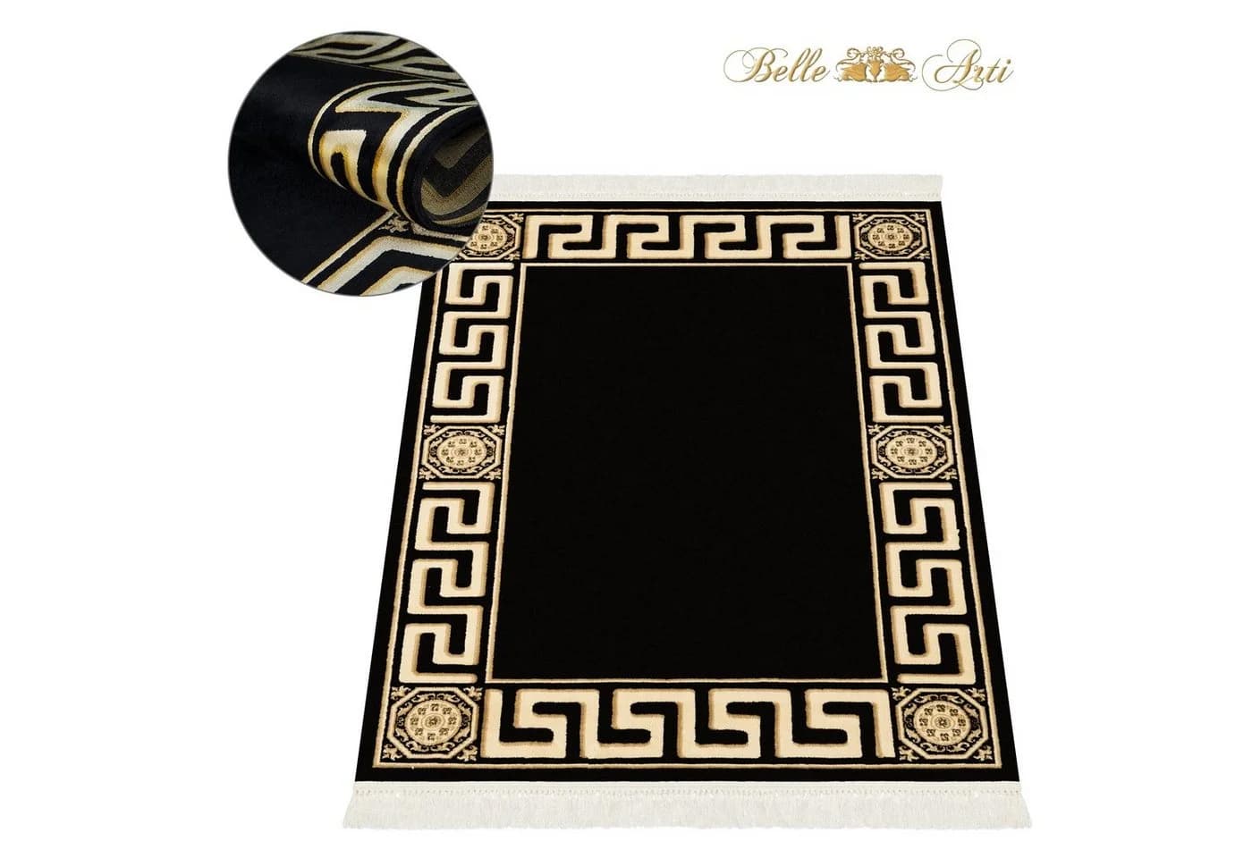 Belle Arti Teppich Mäander Schwarz Gold Seidenoptik Italienisch - Bild 2