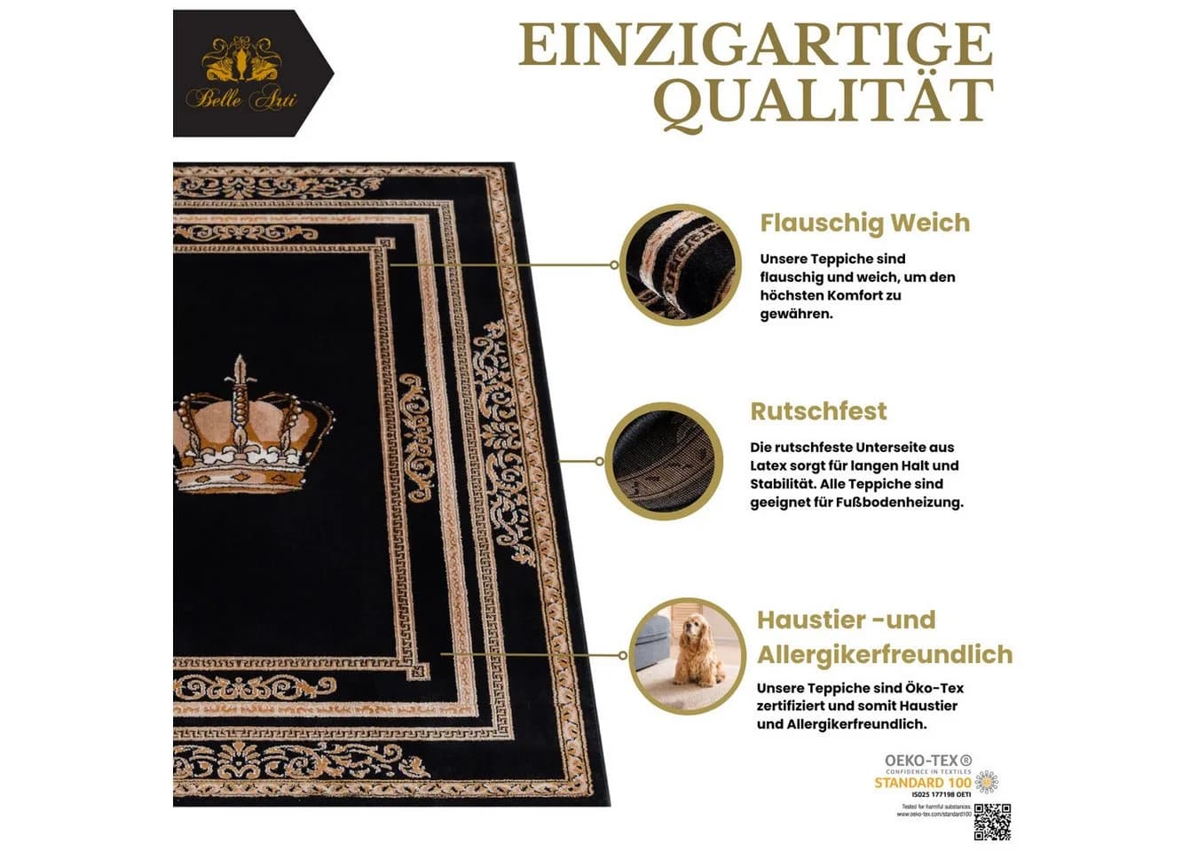 Belle Arti Teppich Schwarz Gold Kronen-Motiv Orientalisch - Bild 5