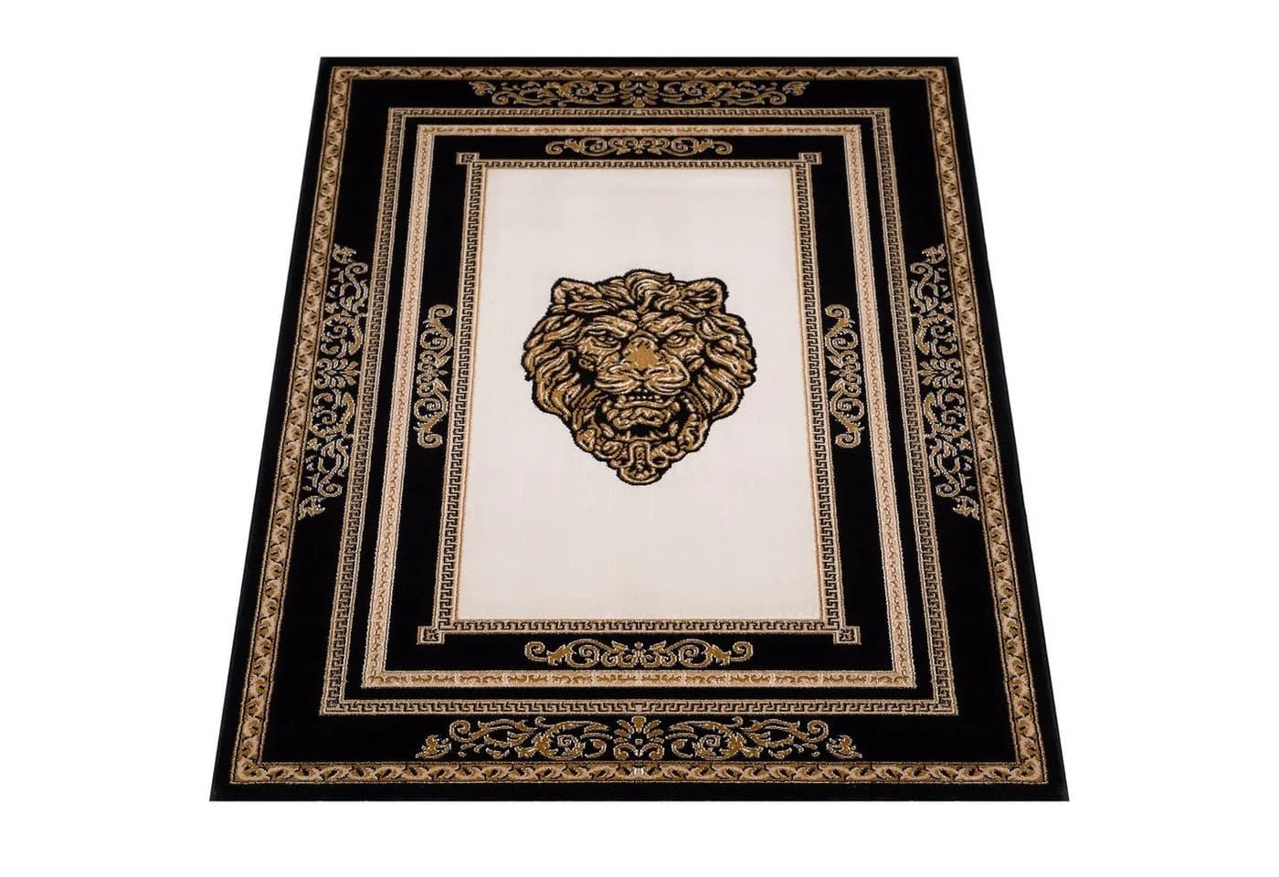 Belle Arti Teppich Löwenkopf Schwarz Gold Seidenoptik Kurzflor