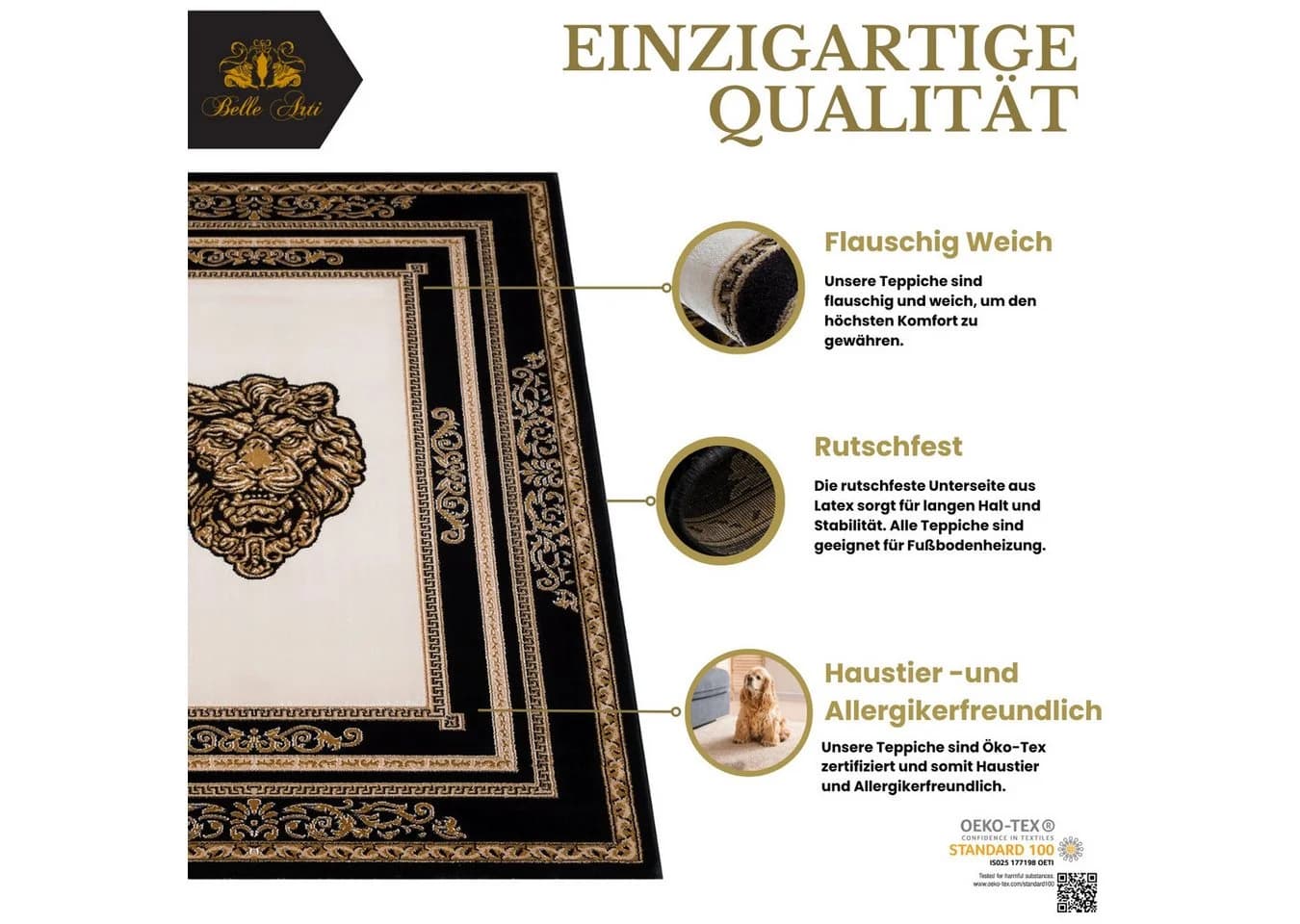 Belle Arti Teppich Löwenkopf Schwarz Gold Seidenoptik Kurzflor - Bild 5