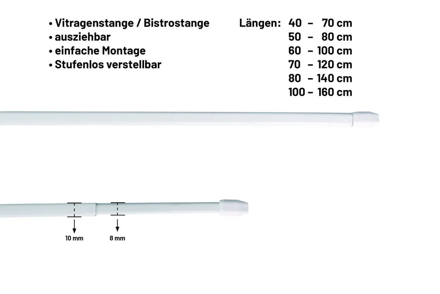 Deco-Raum Vitragenstange mit Klebehaken ausziehbar Weiß