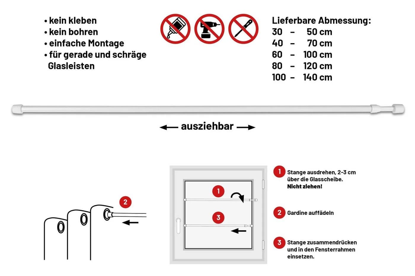 Deco-Raum Klemmstange Gardinenstange Weiß Ausdrehbar Ohne Bohren - Bild 4