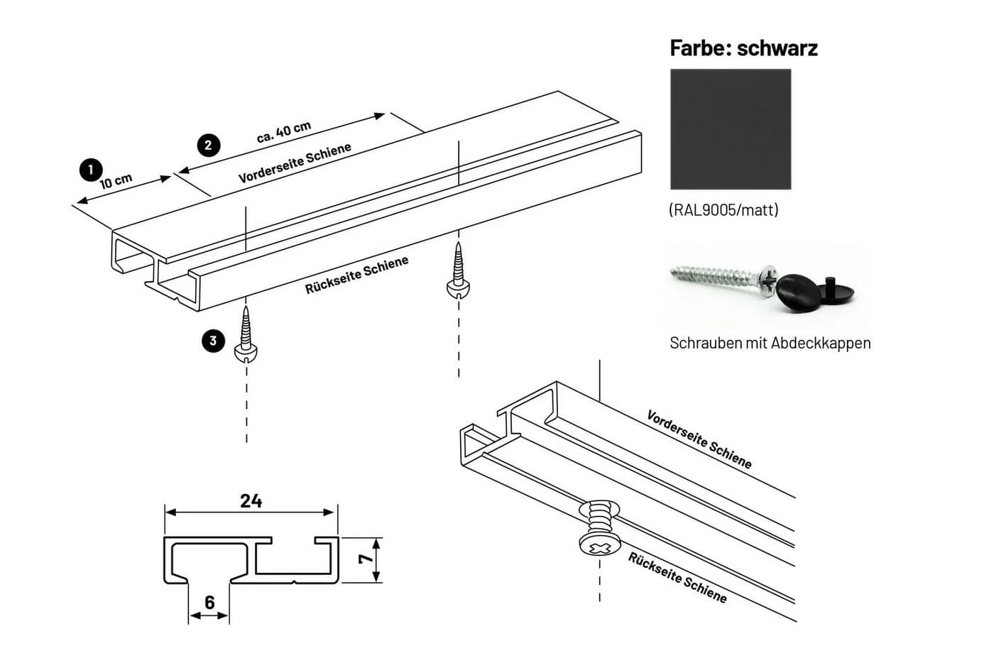 Deco-Raum Gardinenschiene Minimal Schwarz Aluminium