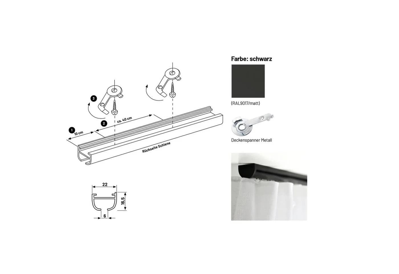 Deco-Raum Gardinenschiene Round Schwarz Aluminium