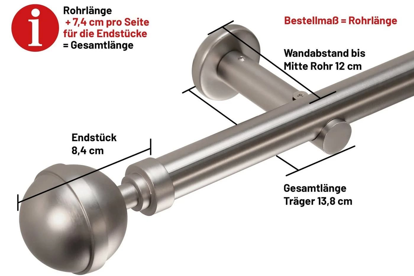Deco-Raum Gardinenstange Kugel Edelstahl-Optik 25mm