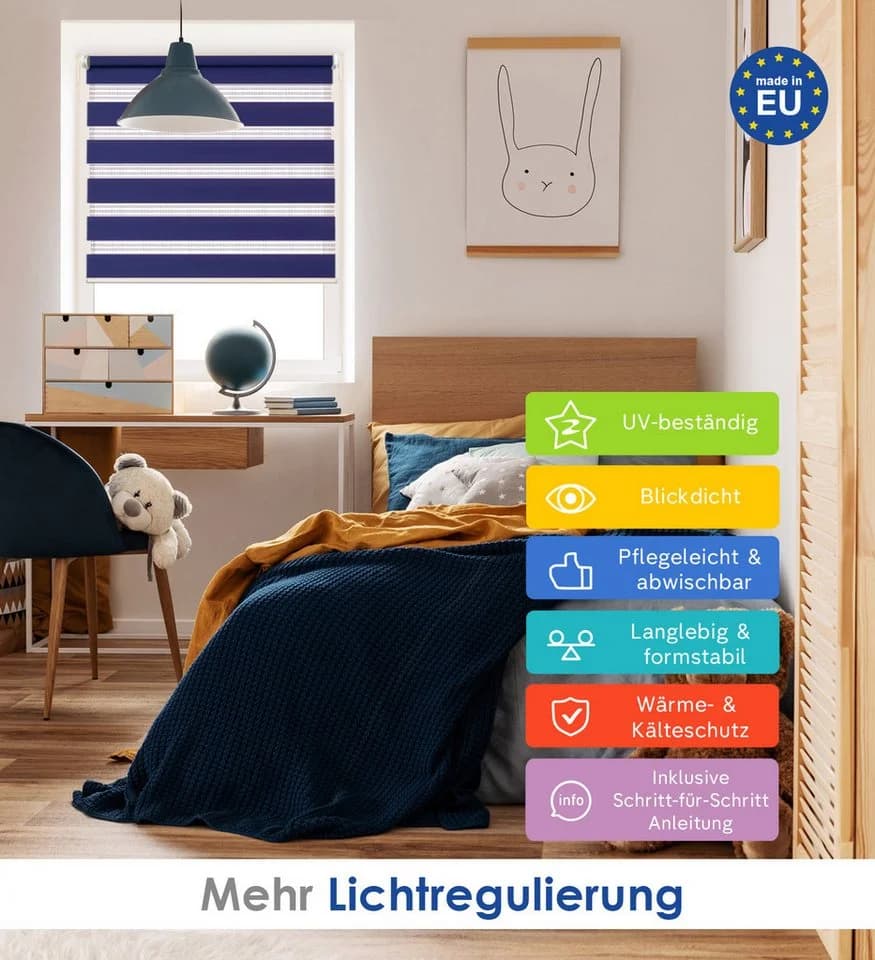 Rikmani Doppelrollo Klemmfix Blau Sicht- und Sonnenschutz