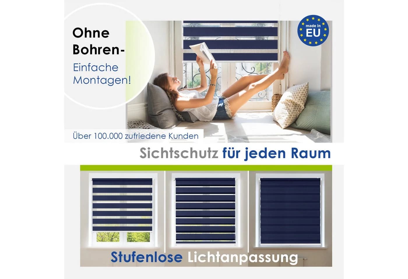 Rikmani Doppelrollo Klemmfix Blau Sicht- und Sonnenschutz - Bild 3