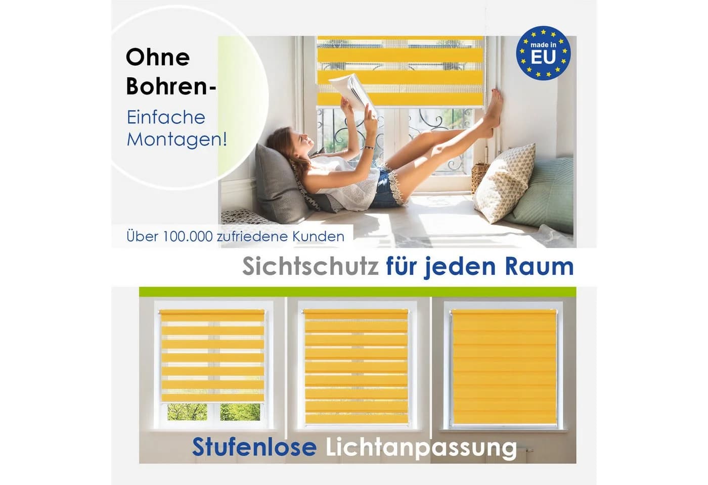 Rikmani Doppelrollo Klemmfix Gelb Sicht- und Sonnenschutz - Bild 3