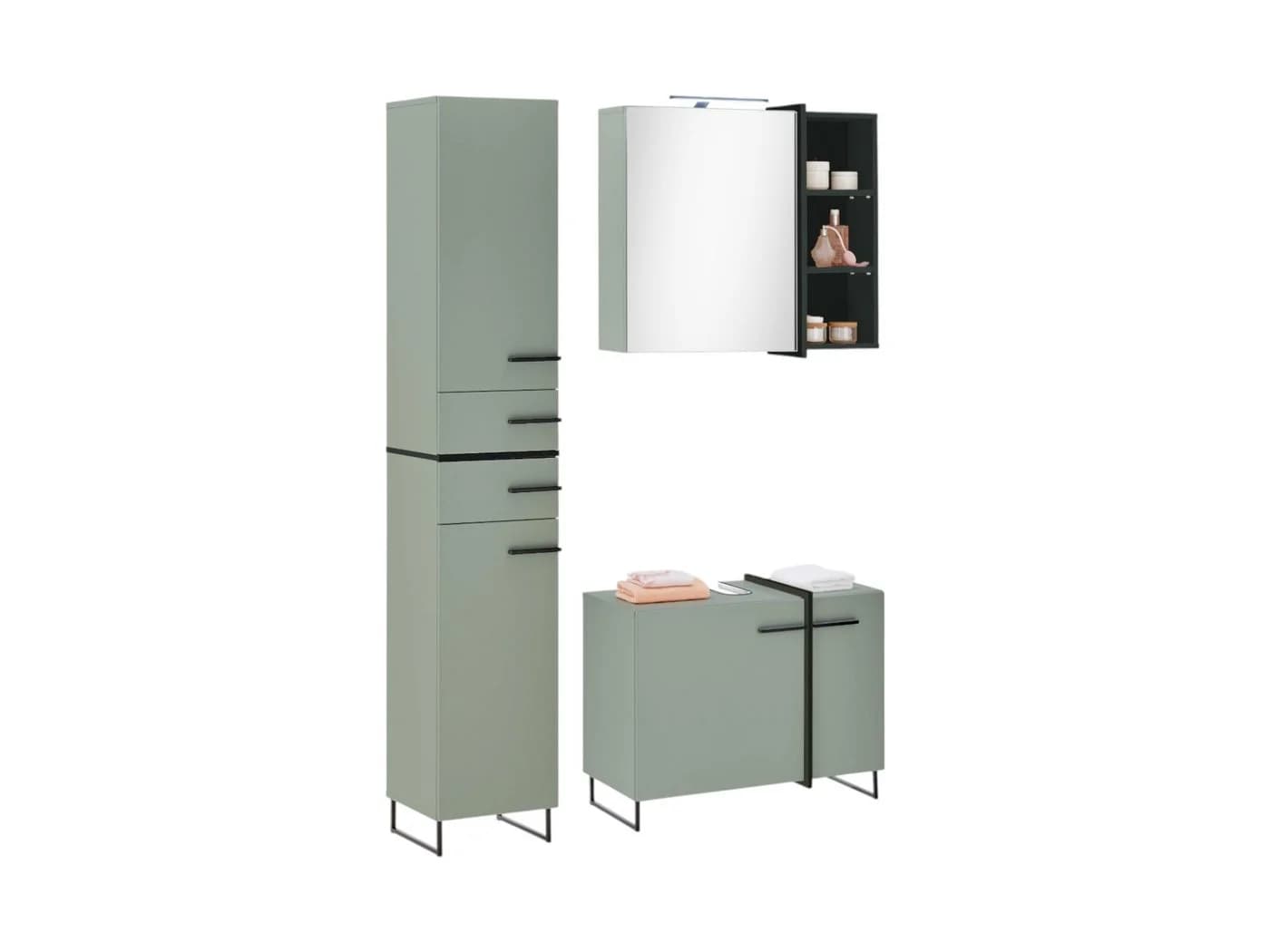 moebel-dich-auf MESSINA Badmöbel-Set 3-teilig Grün/Weiß Schwarz Softclose