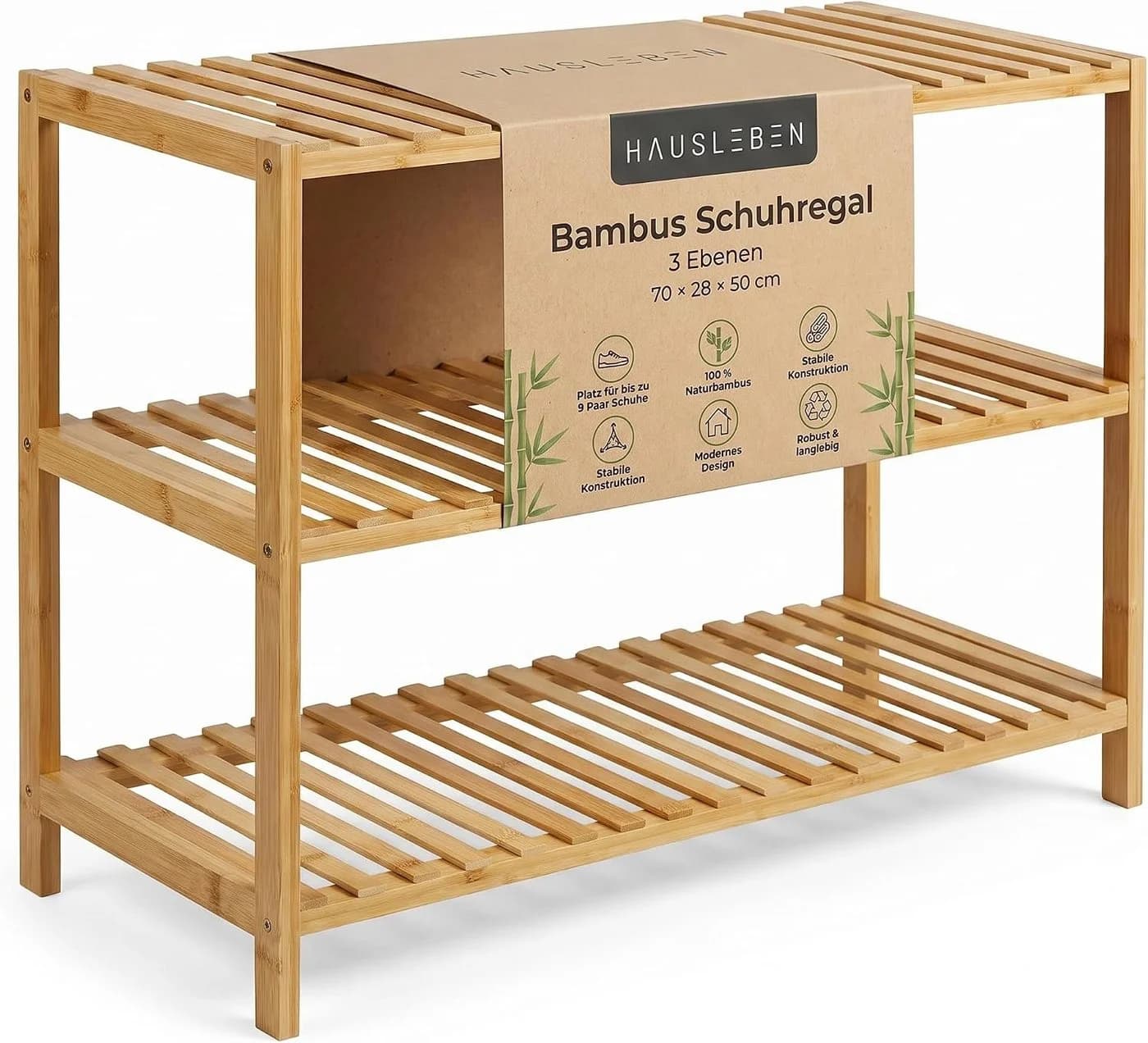 hausleben Bambus Schuhregal 3 Ebenen Naturholz Standregal - Bild 2