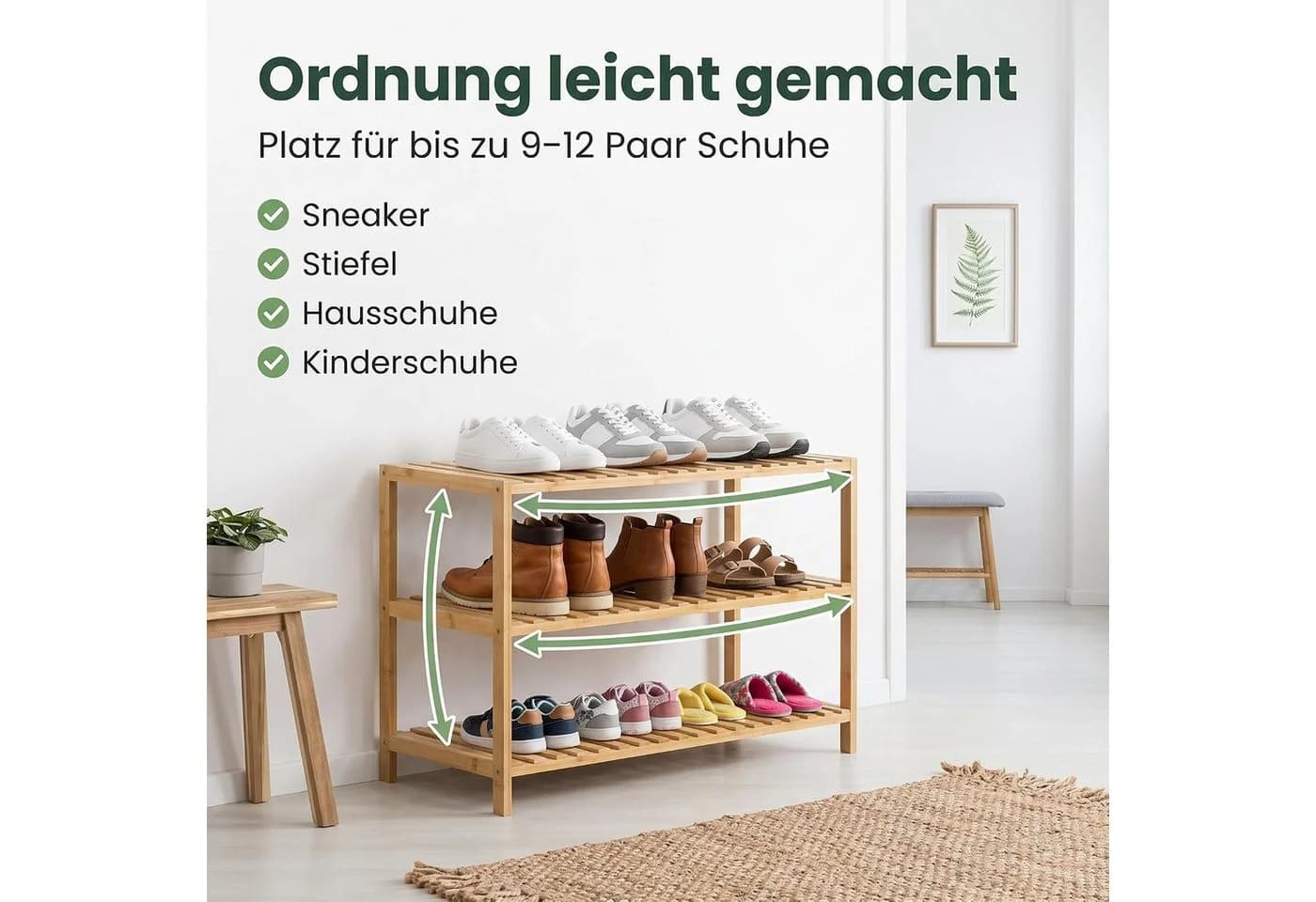 hausleben Bambus Schuhregal 3 Ebenen Naturholz Standregal - Bild 3