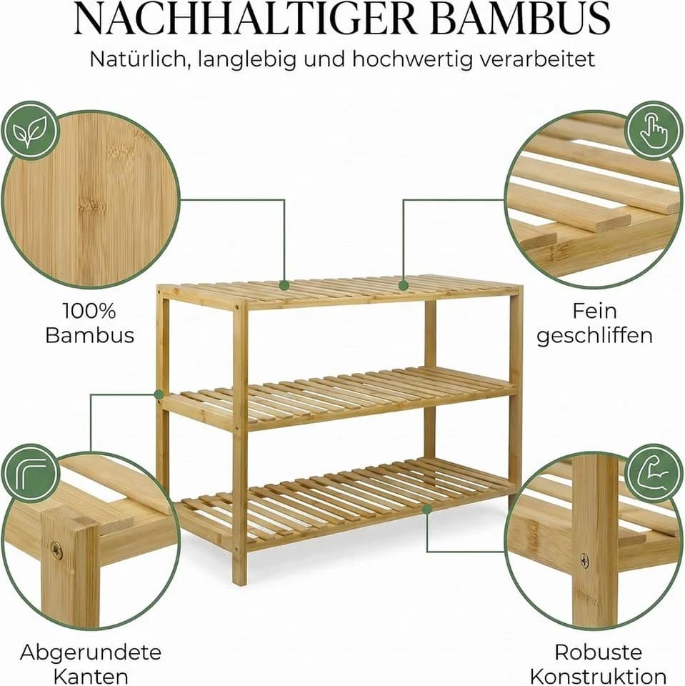 hausleben Bambus Schuhregal 3 Ebenen Naturholz Standregal - Bild 4