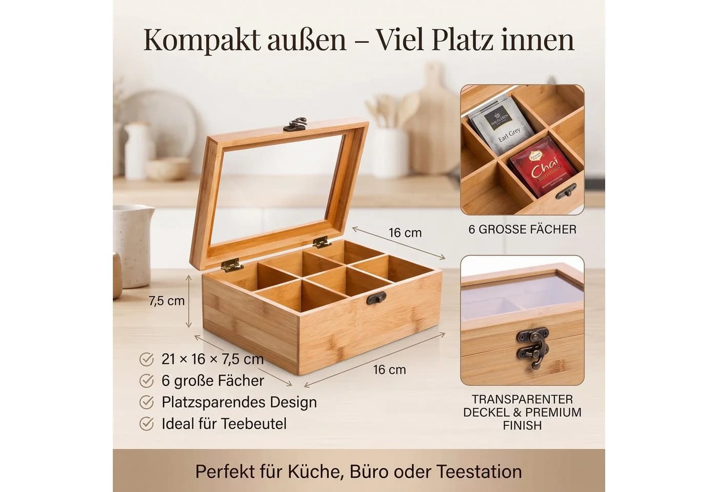 hausleben Teebox Organizer 6 Fächer Bambus Transparent