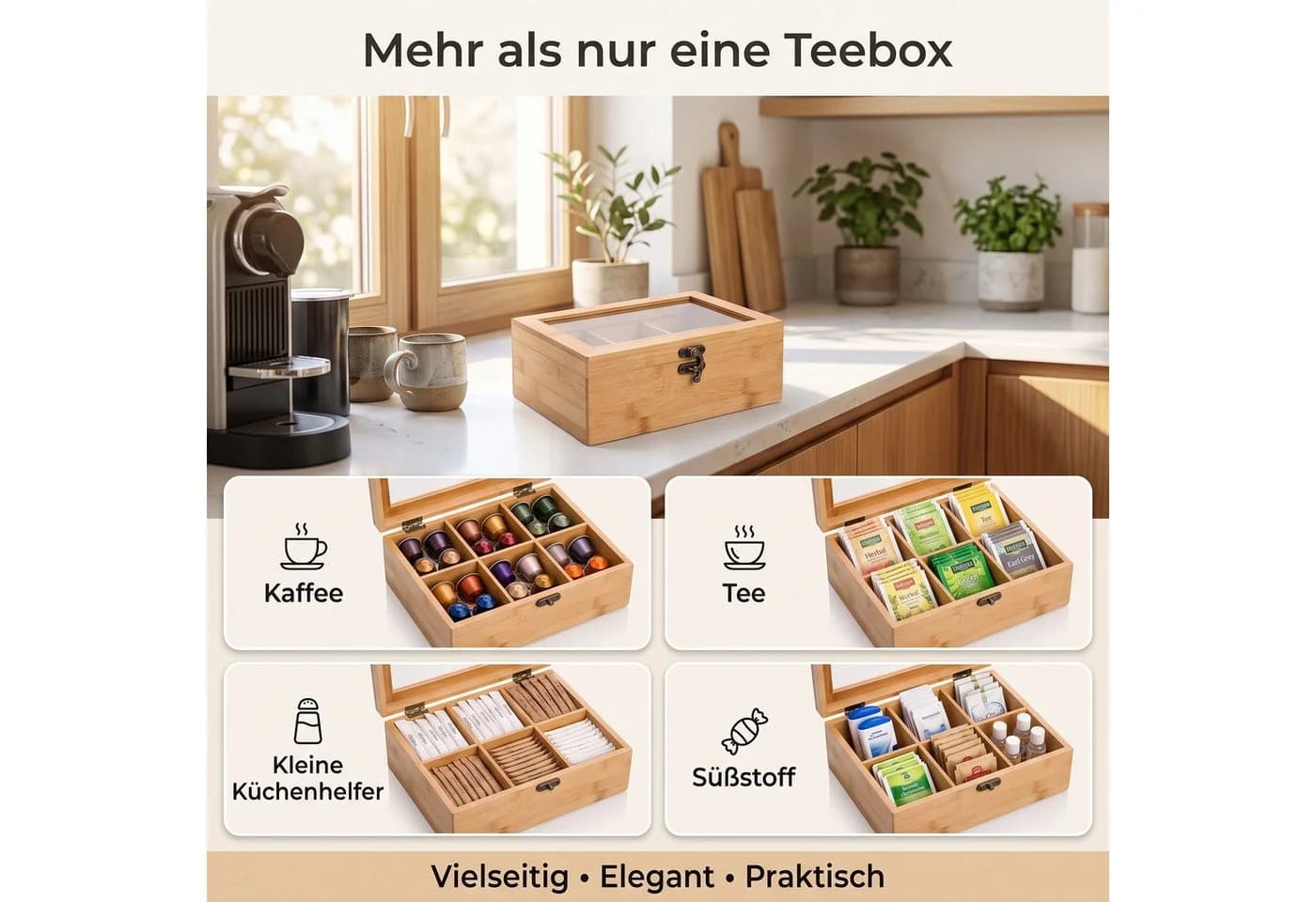 hausleben Teebox Organizer 6 Fächer Bambus Transparent - Bild 3